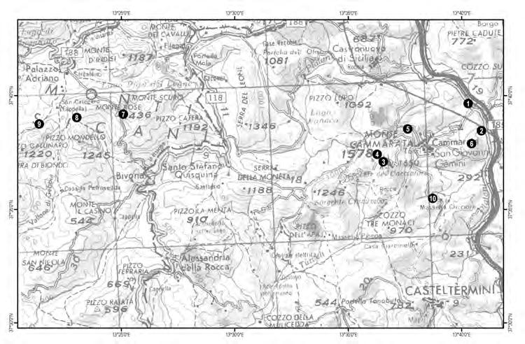 156 DOMINA et al. Fig. 1 Distribuzione delle località visitate; la numerazione riprende quella di Tab. 1. Distribution of the visited localities; numbers according Tab. 1. re risale lo strato di Flysh Numidico e arenarie glauconifere.