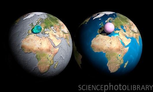 Terra - acqua ed aria Acqua: sfera di diametro di 1390 km con un volume di 1,4 miliardi di km 3 da cui 1,4 10 21 kg 0,023 % della massa