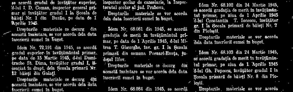 084 din 1945, se atordà gradatia de merit in invkamintul primar, pe data de 15 Martie 1945, d-lui Ioan I. Ionescu, inv. gr. i la Seoala primini de bàiel Nr. 42, Bucuresti.