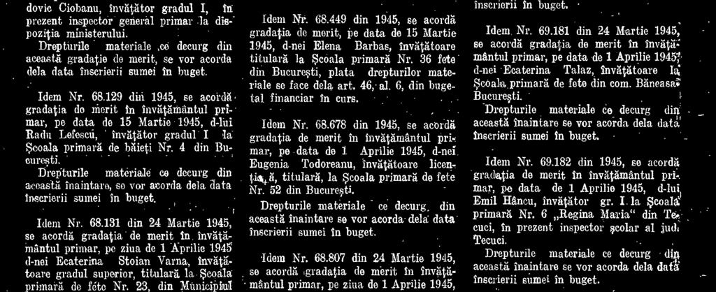 Nr. 52 din Bucuresti. aceastg inaintare se vor acorda dela data inscrierii sumei In buget. Idem Nr. 68.807 din 24 Martie 1945, se acordg.