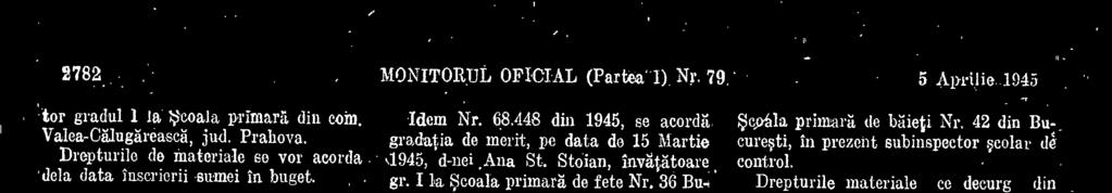 gradatia de merit in invatgmântul primar. pa ziva *de 1 APrilie 1945, d-lui Coman Ion învtor gradul I la $coala primarg din ParCul Greeescu,' din Bucuresti.