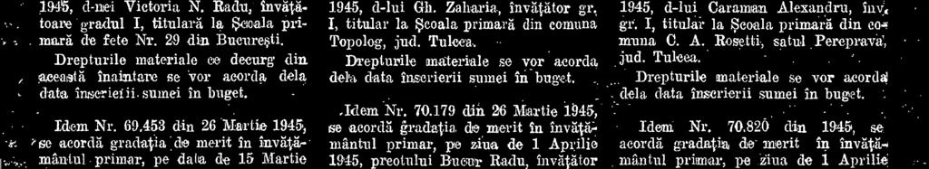 178 din 26 Martie 1945, se acordi gradatia de merit in invi-titanântal Primer, pe data de 1 Apriie 1945, d-l-ui Gli. Zaharia, invätätor I, titular la Scoala primarà din comma Topolog, jud. Tukea.