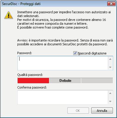 Disco dati 2. Immettere la password desiderata nell'area di immissione Password e fare clic sul pulsante OK.