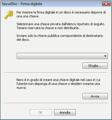 Disco dati 2. Se è già stata creata una chiave digitale, fare clic sul pulsante Sfoglia e selezionare la chiave. 3. Per creare una chiave digitale, fare clic sul pulsante Avvia.