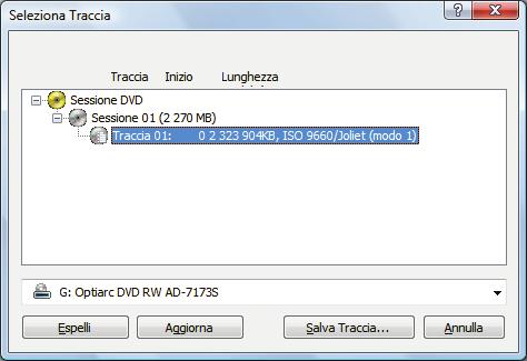 Disco dati Seleziona traccia 3. Consente di selezionare la prima traccia dati. 4. Fare clic sul pulsante Salva traccia. Viene visualizzata la finestra Salva con nome. 5.