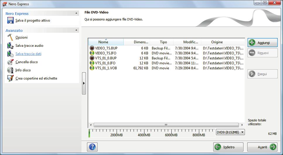 Video Schermata di compilazione File DVD-Video Se i file DVD-Video selezionati sono di dimensioni maggiori di 4483 MB ed è installato un masterizzatore DVD in grado di masterizzare DVD a doppio layer