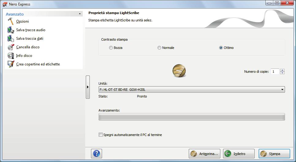 9.2 Finestra Proprietà stampa LightScribe Nella finestra Proprietà stampa LightScribe è possibile personalizzare le proprietà di stampa dell'etichetta LightScribe in base alle proprie esigenze.