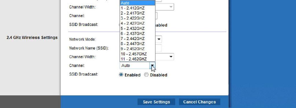 Digitare cisco# nel campo "Nome di Rete (SSID):", dove # è il numero assegnato dall'istruttore. Fare clic sull'elenco a discesa Canale standard per le Impostazioni Wireless a 2,4 GHz.