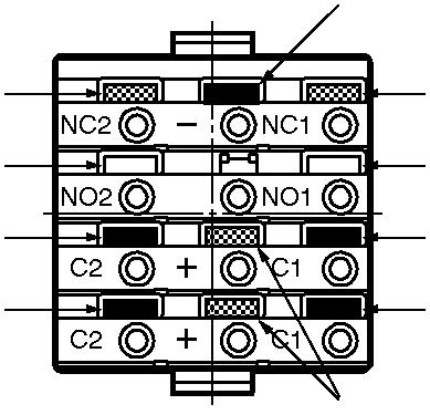 Disposizione dei terminali Modelli senza il circuito di riduzione della tensione Sono dotati di terminali per la sorgente luminosa anche i pulsanti non luminosi.