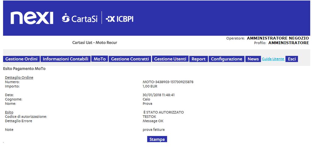 PAGINA DI ESITO Per effettuare una nuova richiesta di incasso, è sufficiente cliccare sul pulsante MoTo.