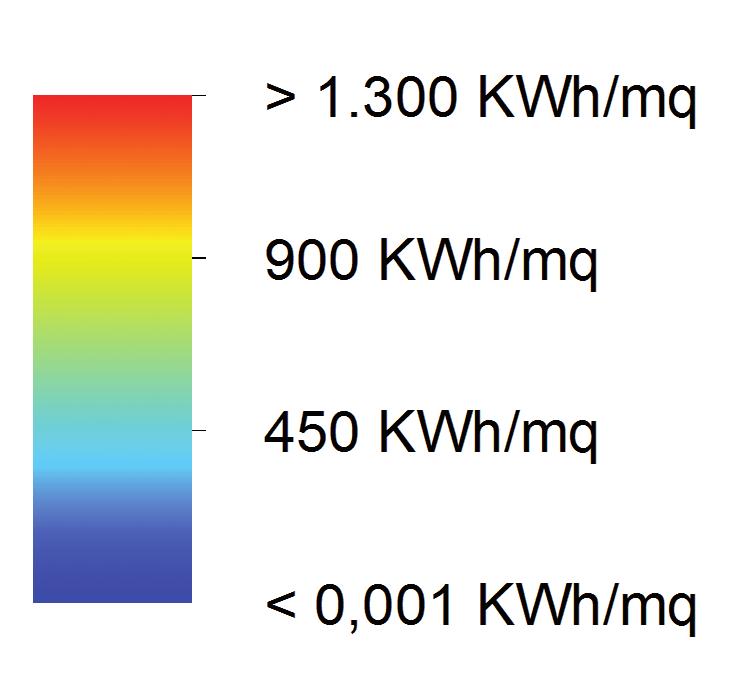 WP 7 Produzione di energia da fonti rinnovabili Elaborazione dell irraggiamento Le immagini rappresentano, con una scala di colori dal blu al rosso, la quantità di irraggiamento solare espresso in Wh