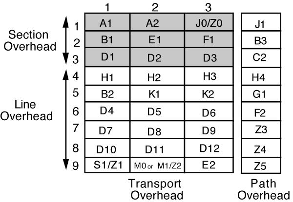 SONET overhead - SOH A1 A2 framing bytes Indicano l inizio di una trama STS-1. Usati per sincronizzazione.