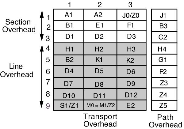 SONET overhead - LOH H1 H2 STS payload pointer (H1 and H2) Questi due byte contengono il puntatore che indica l offset in byte tra il puntatore stesso e il primo byte dello SPE in questo STS.