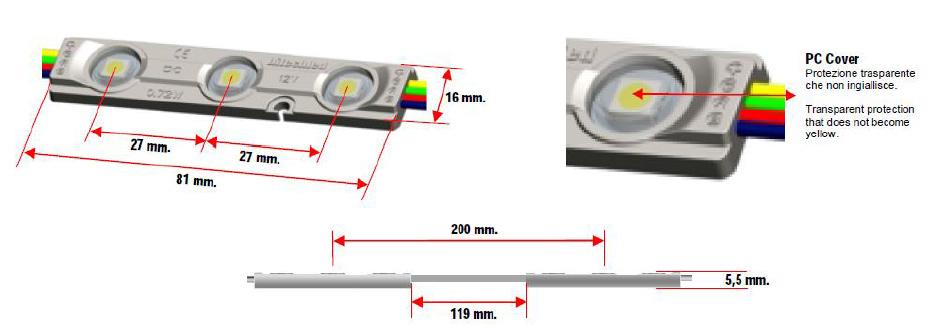 HM3 RGB RGB 2 x 30 0,72 W 12V 120 Blu 5Lm Verde 18Lm Rosso 10Lm LED 112,30 Modulo a 3 LED SMD5050 angolo di visibilità 120,waterproof IP65 eccel flusso luminoso con ampio angolo di visibilità; buone