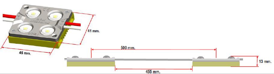 HM4LDP GOLD LED BIANCO 6500 K 1 x 20 2,80 W 12V 160 255 Lm 125,58 Modulo incapsulato a 4 LED SMD con lenti da 160, waterproof IP65; la particolare diffusione lo rende adatto per insegne e con