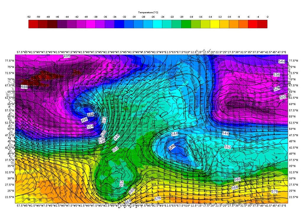Figura 3. Mappe di analisi (da modello IFS-ECMWF) di geopotenziale, temperatura e vento a 500 hpa del 23/02/2018 alle 12:00 UTC.