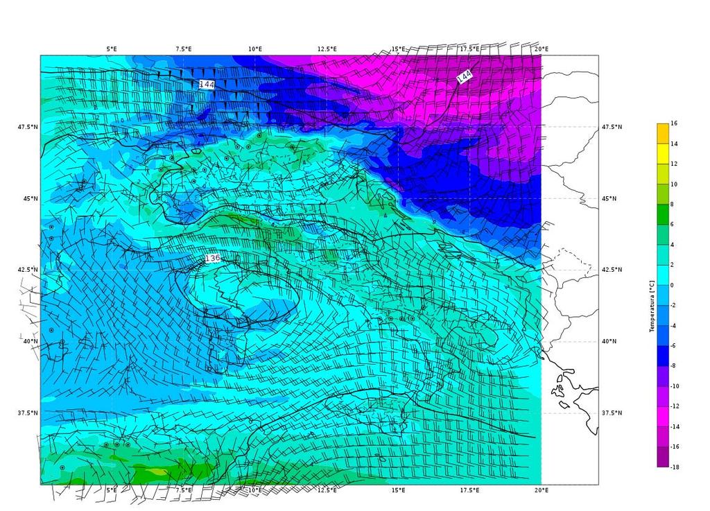 Figura 4. Mappe di analisi (da modello IFS-ECMWF) di geopotenziale, temperatura e vento a 500 hpa del 24/02/2018 alle 12:00 UTC. Il minimo al suolo ancora attivo ma ormai esaurito. Figura 5.