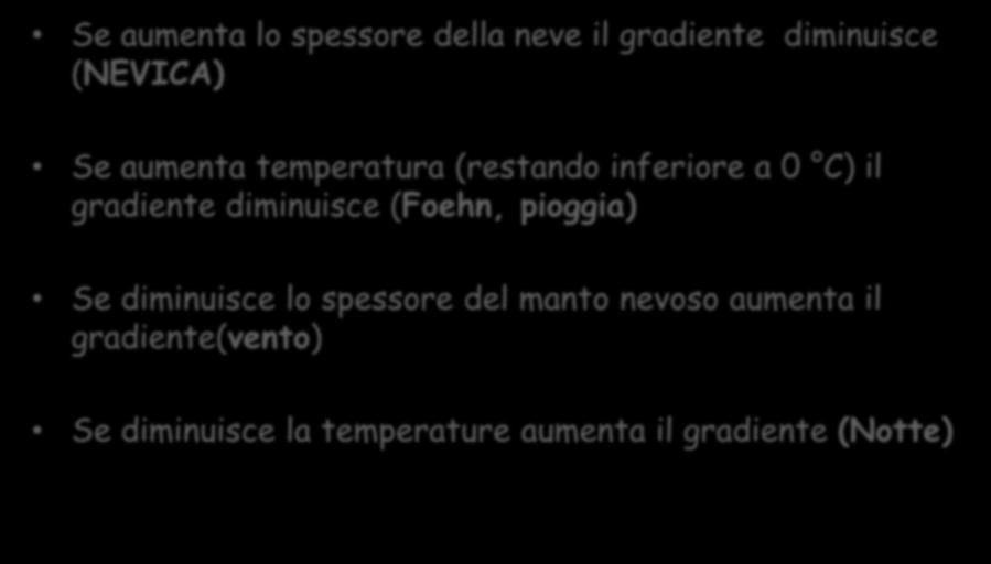 Considerazioni Gradiente Se aumenta lo spessore della neve il gradiente diminuisce (NEVICA) Se aumenta temperatura (restando inferiore a 0 C) il gradiente