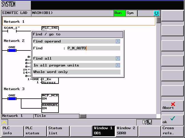 Sistema 7.1 Diagnostica PLC nella rappresentazione in schema a contatti Il softkey OK attiva la ricerca. L elemento ricercato viene evidenziato dal focus.