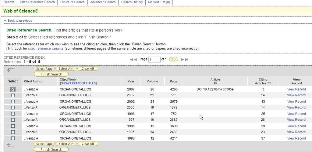 WEB OF SCIENCE: CITED REFERENCE SEARCH select the works