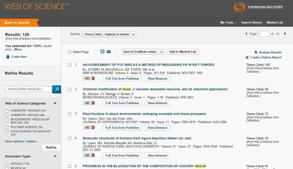 WEB OF SCIENCE: RESULTS you can sort results by