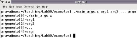 Parametri del main Come in JAVA è possibile passare dei parametri direttamente dalla linea di comando Sintassi Numero di parametri: argc Vettore di parametri: argv[] argv[0]