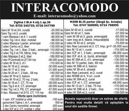 (15700) Schimb ap. 2 camere, et. 3, Nae Leonard, cu 3,4 camere. 0724807164. (16084) Schimb apartament 2 camere, dec. zonă centrală, cu loc casă în sat Costi+ diferenţă. Tel. 0748957414.