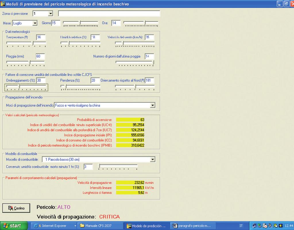 estiva (scenario estate secca, con umidità combustibile morta a 1 h pari al 3%); risultato è una stima di