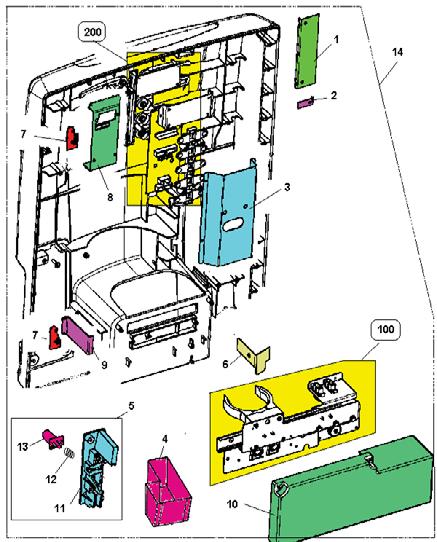 Tav 239 PORTA INTERNO PORTA 1 01675811 PIASTRA FISS. CORDONE PORTA 2 01675911 PIASTRINA FISSAGGIO CORD.PORTA 3 01677211 COPERTURA SK PULSANTIERA 4 01637112 CASSETTA MONETA IRIS 5 05153510 ASS.SUP.