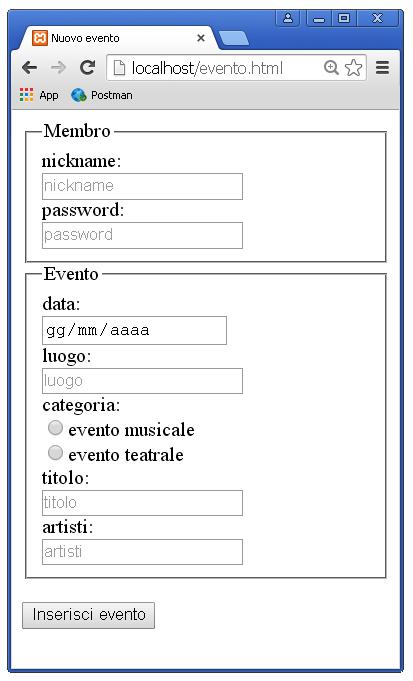 6 Pagina web Una delle operazioni specifiche di un utente registrato è quella relativa alla creazione di un nuovo evento che può essere effettuata con una pagina web contenente una form come la