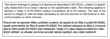 6. Informazioni legali Commission Federale de la Communication (FCC Declaration) EN 55022 Compliance (Czech Republic Only) Cet équipement a été testé et déclaré conforme auxlimites des appareils