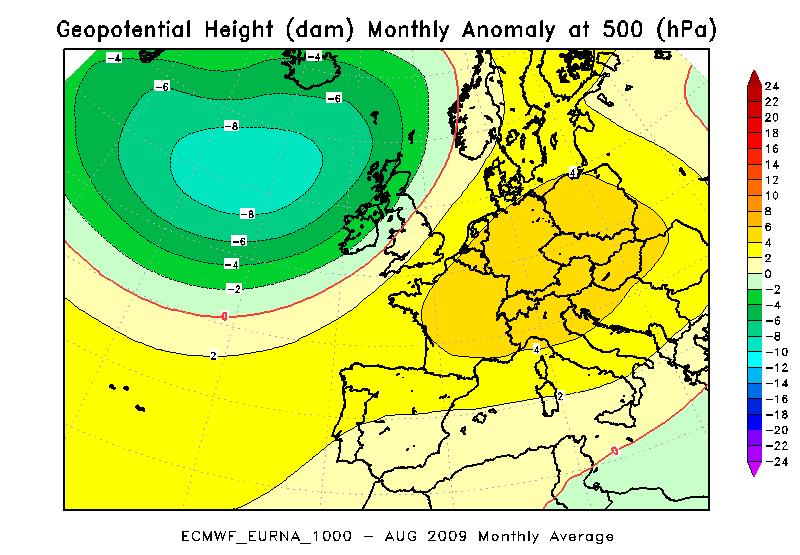 Figura 7 - geopotenziale a 500 hpa del mese di Agosto nell anno 2009 (a sinistra), a confronto con il periodo climatico 1957-2002 (al centro), e loro differenza (a destra) Agosto è stato poco piovoso