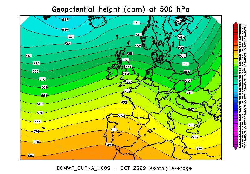 Figura 9 - geopotenziale a 500 hpa del mese di Ottobre nell anno 2009 (a sinistra), a confronto con il periodo climatico 1957-2002 (al centro), e loro differenza (a destra) Il mese di Ottobre è stato