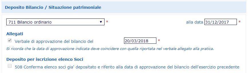 bilancio che si intende depositare ed inserendo la data di riferimento indicando i documenti obbligatori da presentare