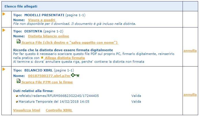 Cliccando su, si torna alla scheda complessiva della pratica, che nella sezione di riepilogo in cui sono ora presenti anche i dati relativi all'allegato XBRL.