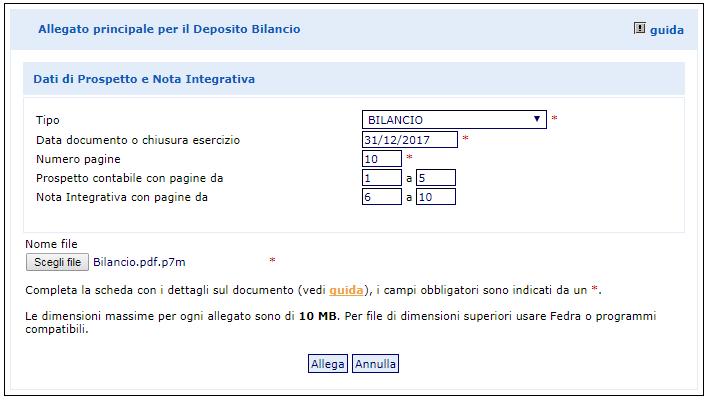 Qualora si tentasse di allegare un file non firmato, e quindi con estensione semplice.pdf, o con estensione non non valida per l'allegato principale di bilancio, ad esempio.tiff o.