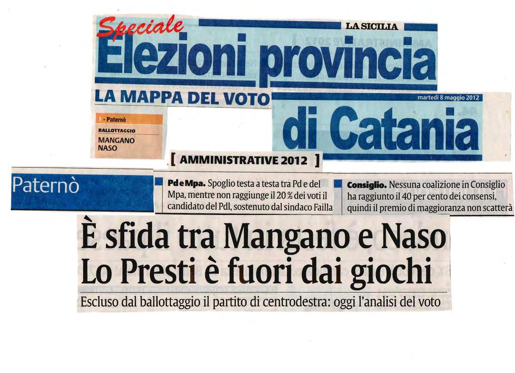 LA MAPPA DEL VOTO -Patemi BALLOTTAGGIO... ~..., MANGANO NASO r. LA SICILIA '. nci, "'===-'= ~ -----U!!,. [ AMMINISTRATIVE 2012 ],,- -~~~~~-_. 1 PdeMpa. Spoglio testa atesta tra Pd edel Consiglio.