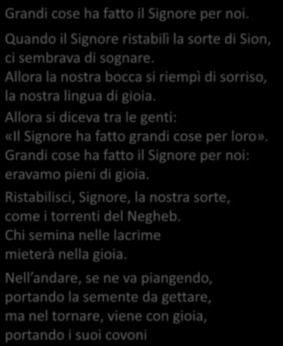 Grandi cose ha fatto il Signore per noi. Quando il Signore ristabilì la sorte di Sion, ci sembrava di sognare.