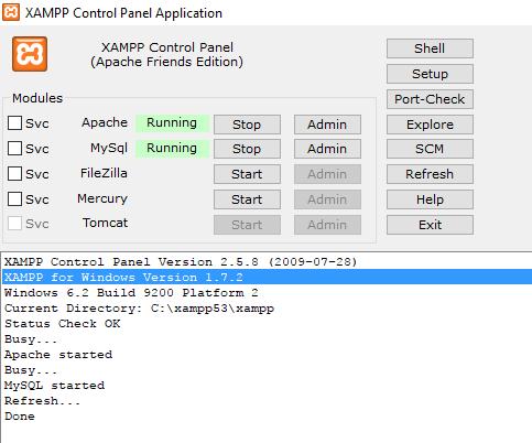 Pannello di controllo XAMPP Assicuratevi di avviare Apache e MySql Apache servirà per