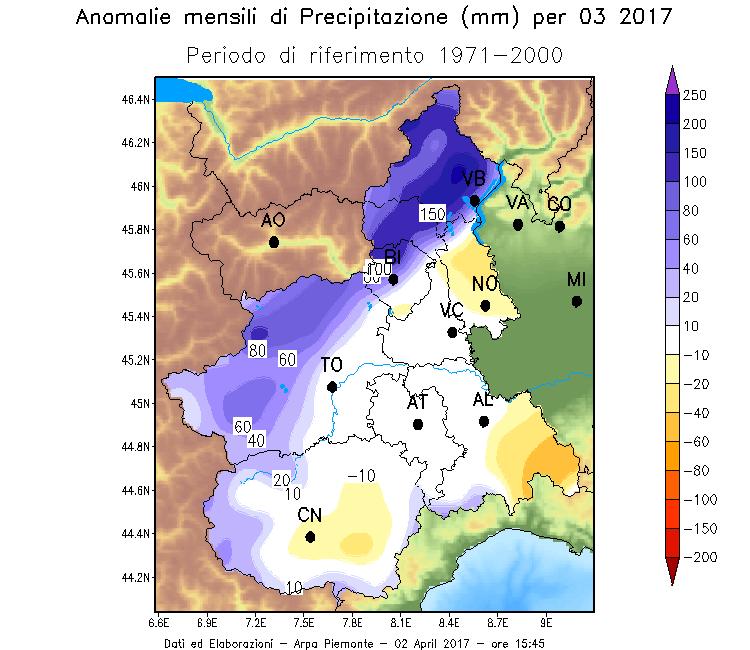 Precipitazioni In Piemonte il mese di marzo 2017 ha avuto una precipitazione media di circa 105 mm, con un surplus precipitativo di 25 mm (+30%) rispetto alla norma climatologica degli anni