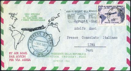 ..320 - Italia Repubblica - 6/4/1961 - Aerogramma della visita del presidente Gronchi in Perù affrancato con il 205