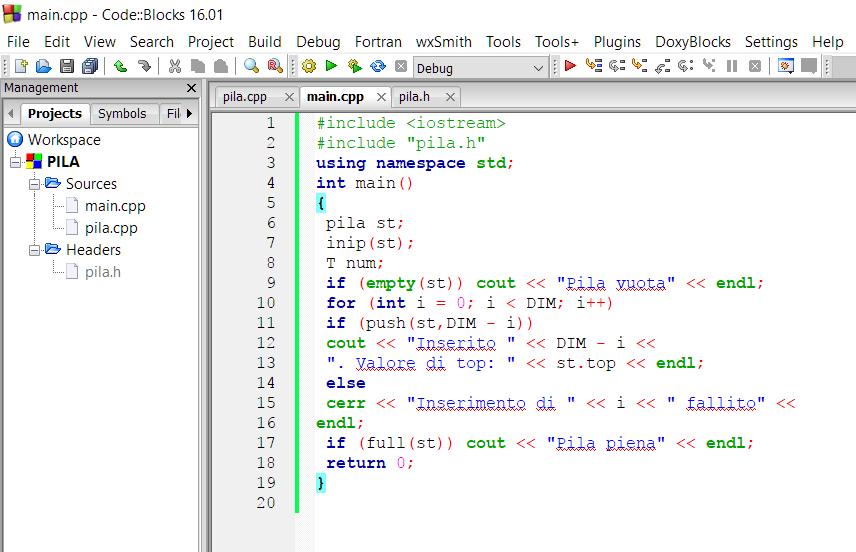 h è contrassegnato con un * perché code::block ha notato una modifica del file non ancora salvata.