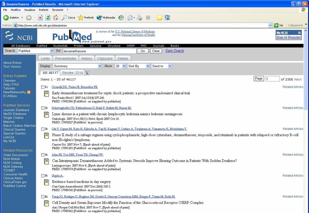Compare quindi la schermata principale di PubMed.