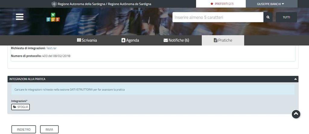 Nella sezione sottostante, Integrazioni Alla Pratica, l utente andrà a caricare la documentazione necessaria.