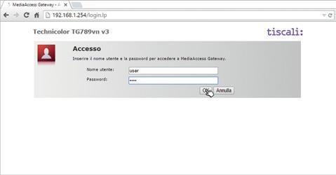 Inserisci come Nome utente user e come Password user e clicca su OK.