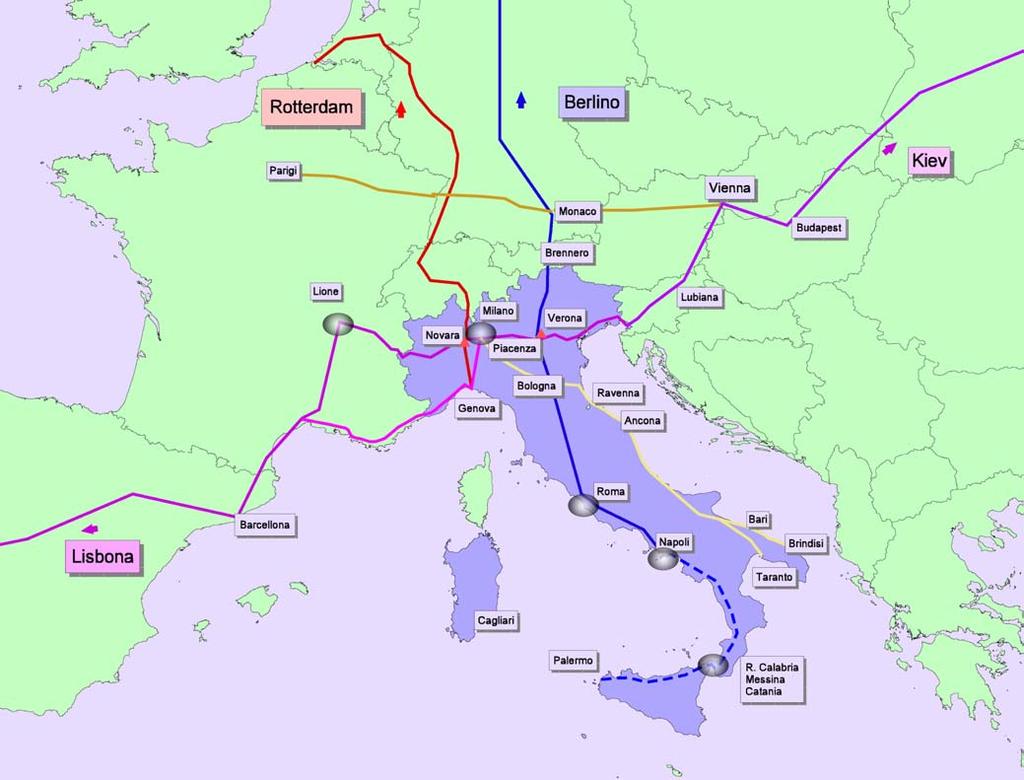 Le reti infrastrutturali in Italia Aree logistiche di rilevanza strategica Centri di interscambio Di rilevanza europea Corridoio 5 Lisbona- Torino- Venezia