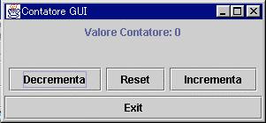 Contatore GUI 0 Desideriamo una interfaccia grafica per un contatore (descritto nelle lezioni precedenti) che contenga le seguenti funzionalita`: un display per il valore corrente tre bottoni per le