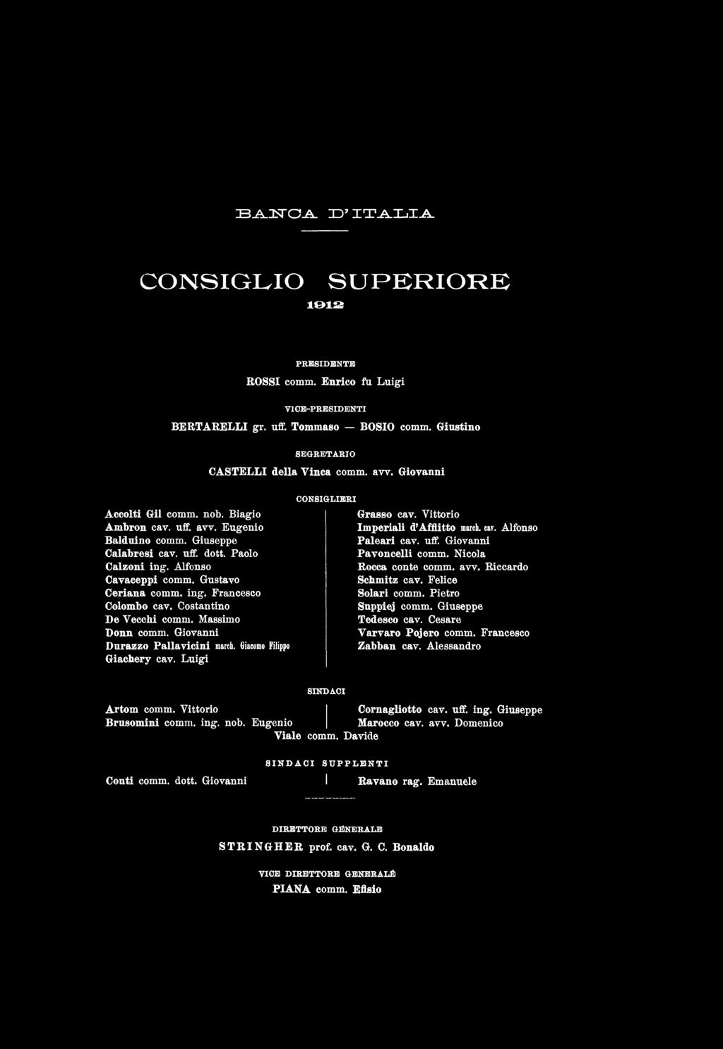 B -A JS T C.&. D I T.A.I j I A. CONSIG LIO S U P E R I O R E 1912 PRESIDENTE ROSSI comm. Enrico fa Luigi VICE-PRESIDENTI BERTA RELLI gr. uff, Tommaso BOSIO comm.