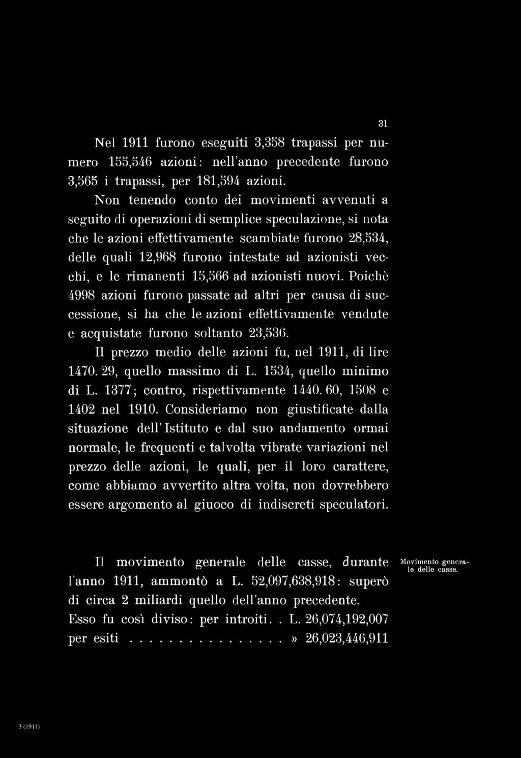 Nel 1911 furono eseguiti 3,358 trapassi per numero 155,546 azioni: nell anno precedente furono 3,565 i trapassi, per 181,594 azioni.