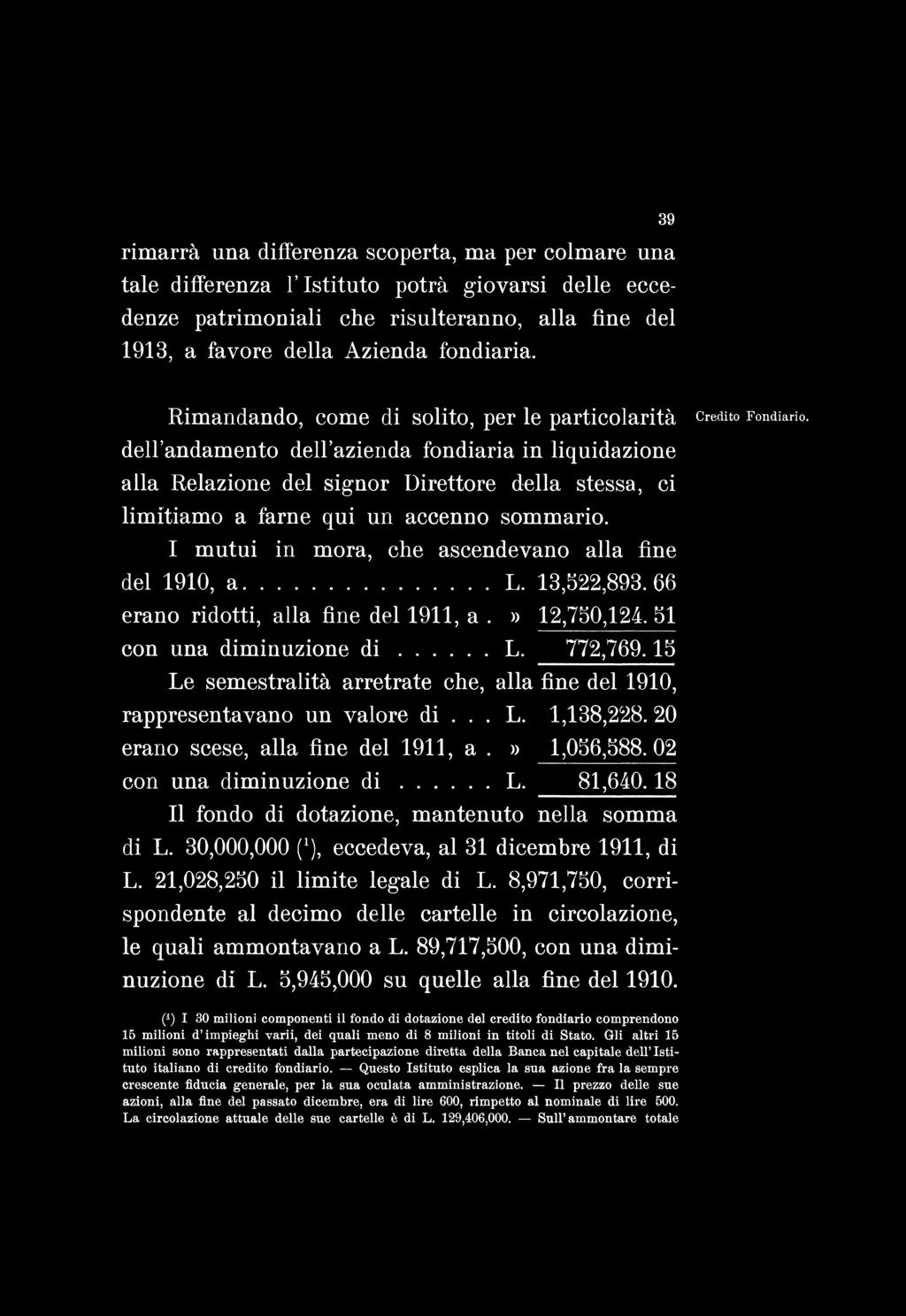 rimarrà una differenza scoperta, ma per colmare una tale differenza l istituto potrà giovarsi delle eccedenze patrimoniali che risulteranno, alla fine del 1913, a favore della Azienda fondiaria.